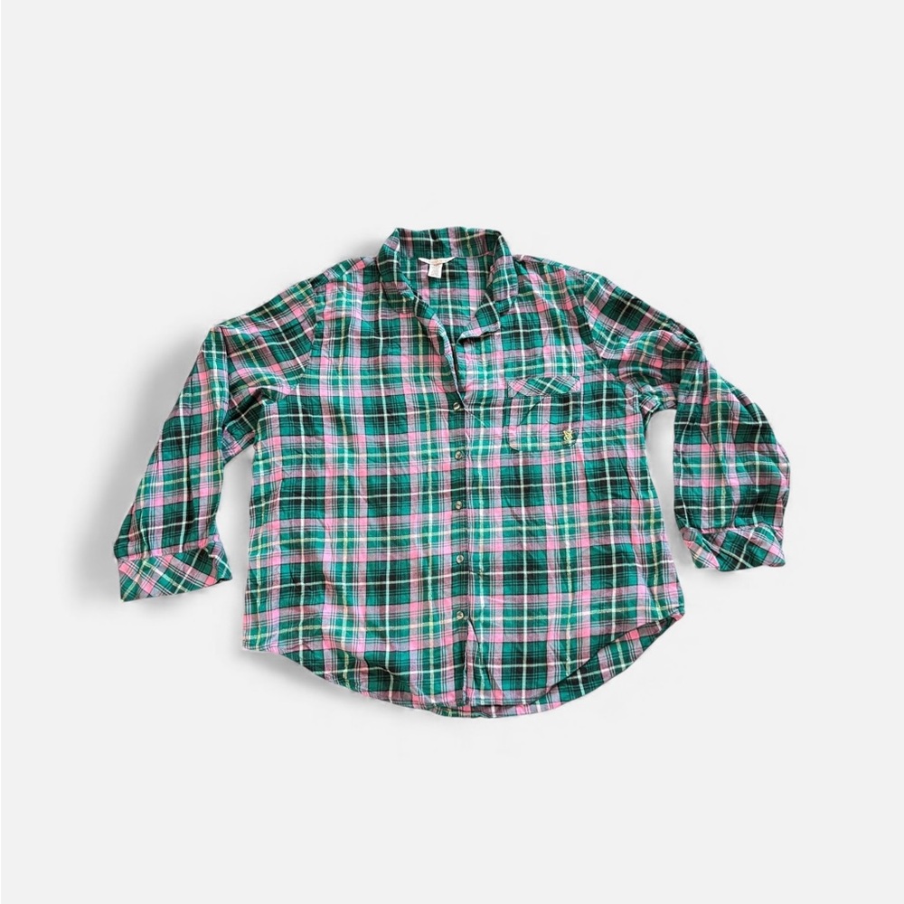 Victoria’s Secret Plaid Christmas Green Pink Gold Pajama Long Sleeve Top Size XL